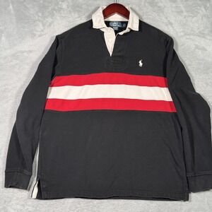 Polo Ralph Lauren Shirt Mens S Black Red Stripe Rugby Long Sleeve Fleece Lined*